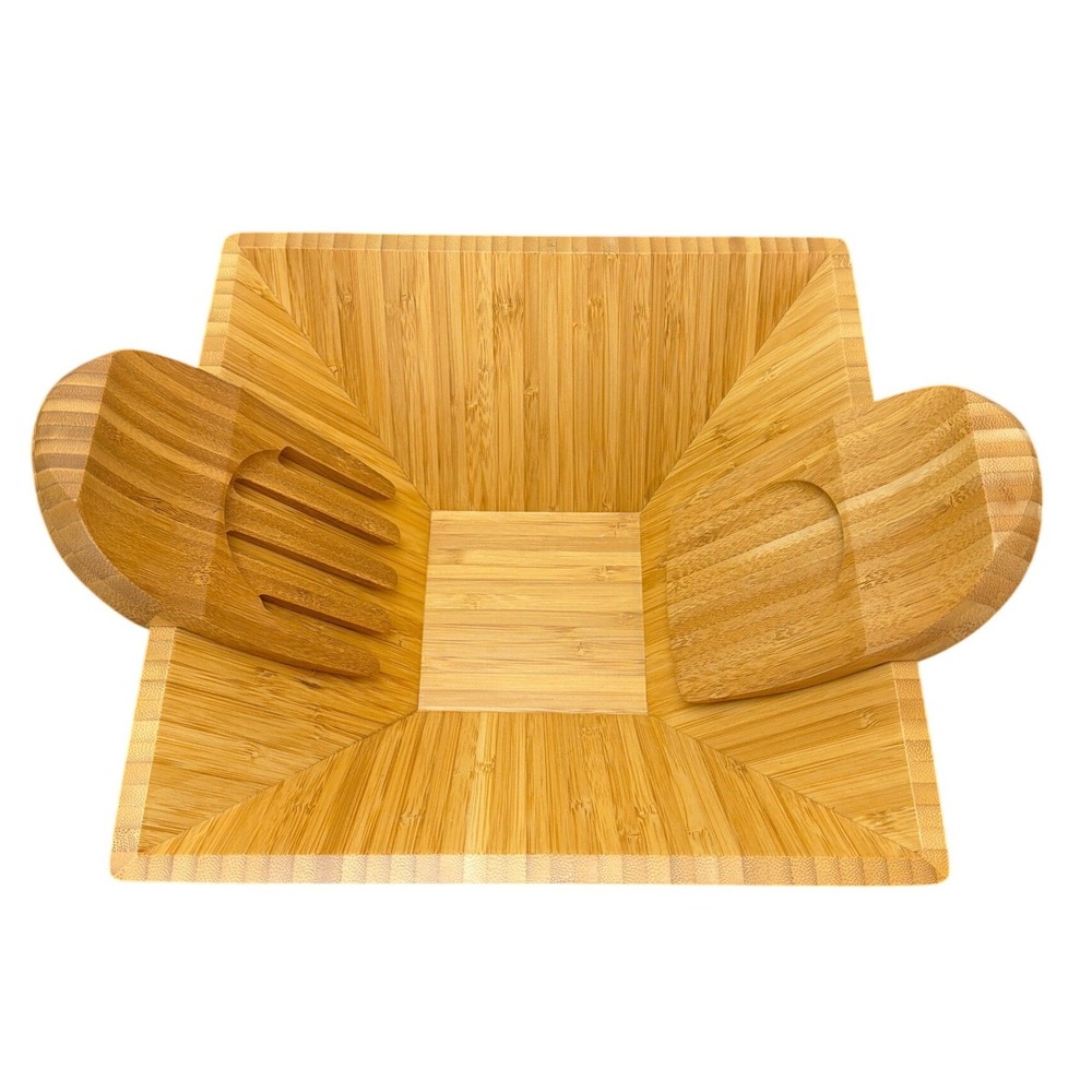 Pampered‎ Chef Large Bamboo Wood Square Bowl & Salad Bamboo Wood Claws Set